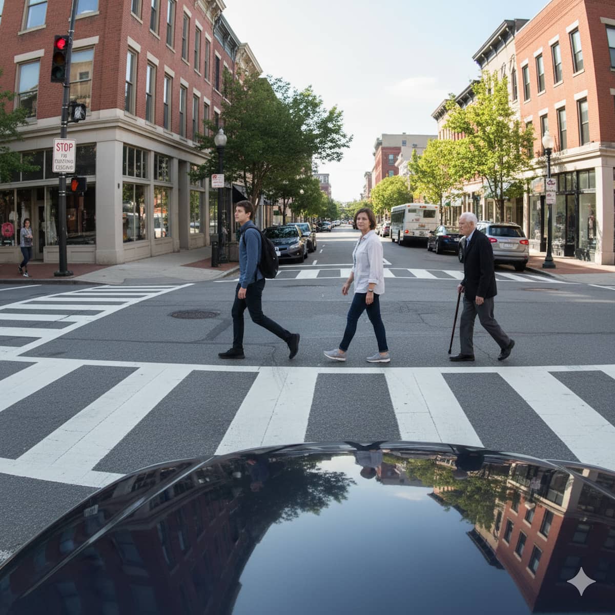 driver yielding to pedestrians at a marked crosswalk