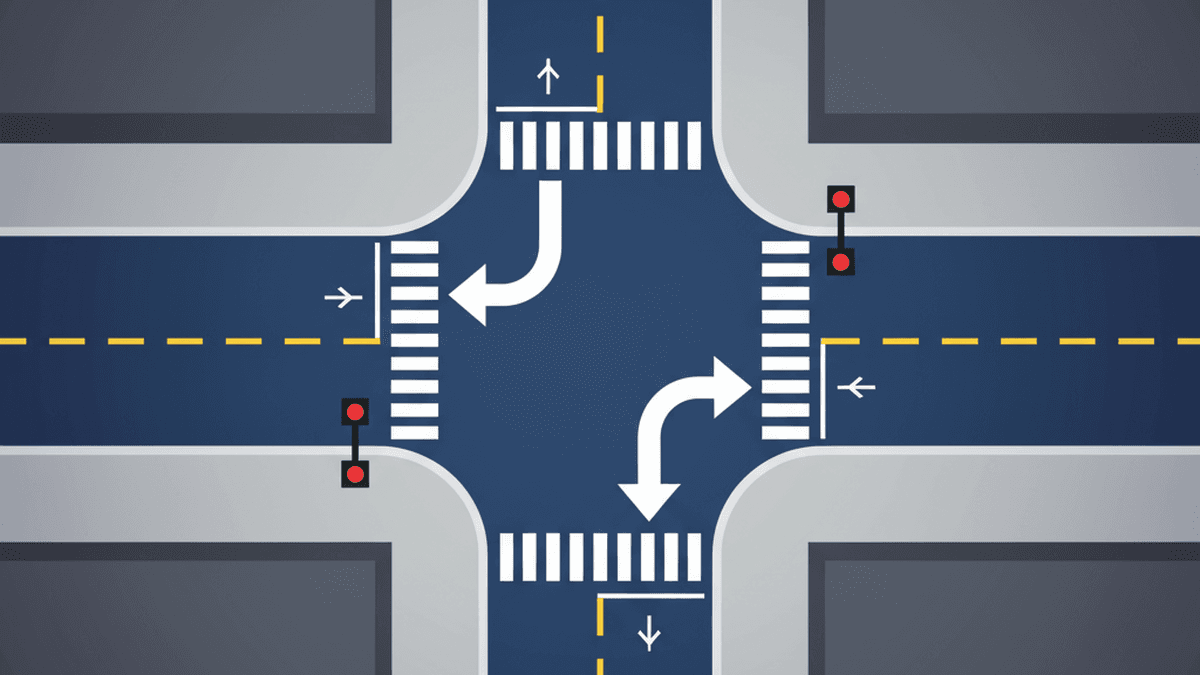 Bird's-eye diagram of a permitted left on red from a one-way street to another one-way street, with crosswalks and lane markings