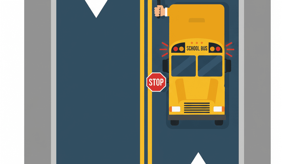 Yellow school bus stopped with extended stop arm beside a double solid yellow line; traffic in both directions must stop