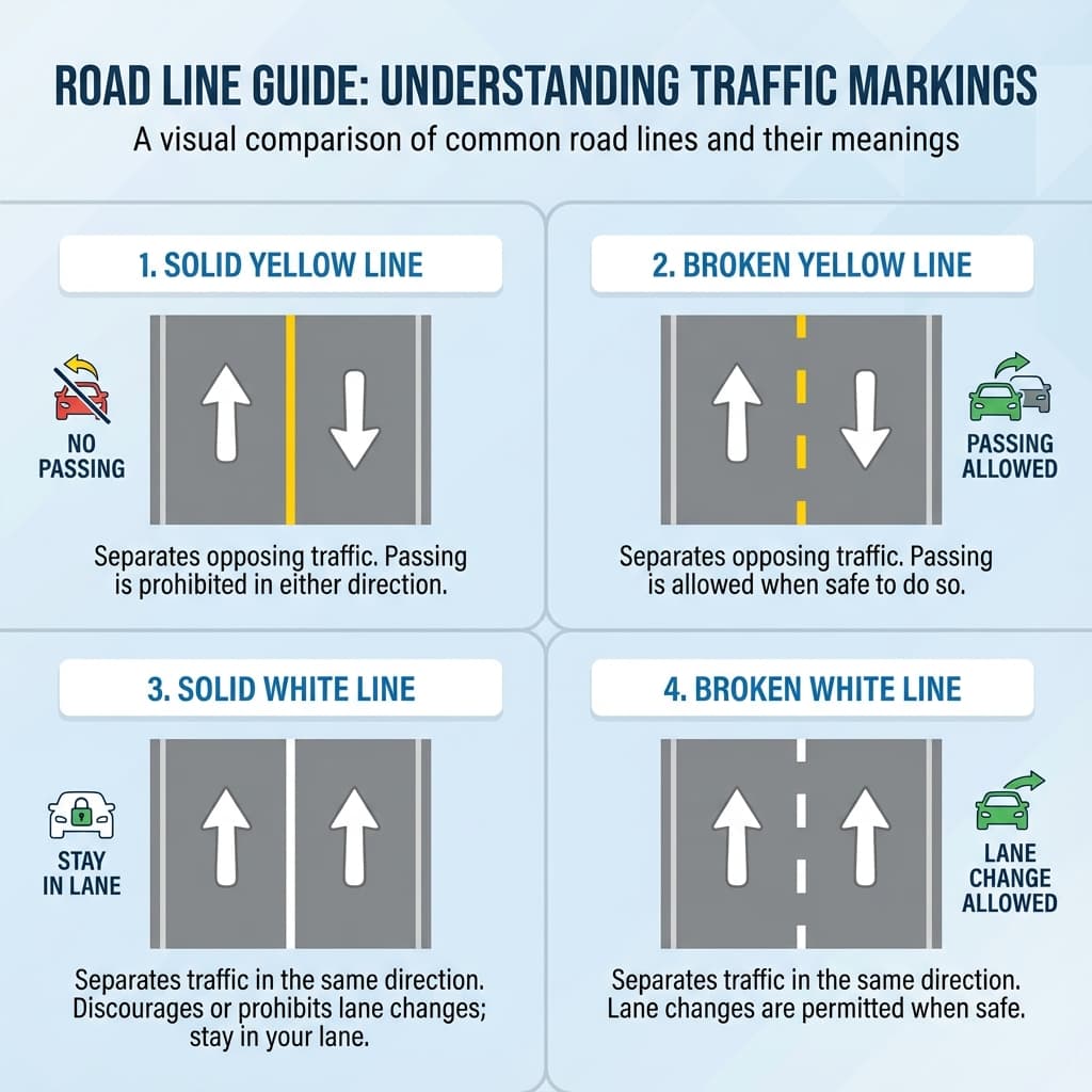 Yellow vs white lines, solid vs broken, diagonal stripes