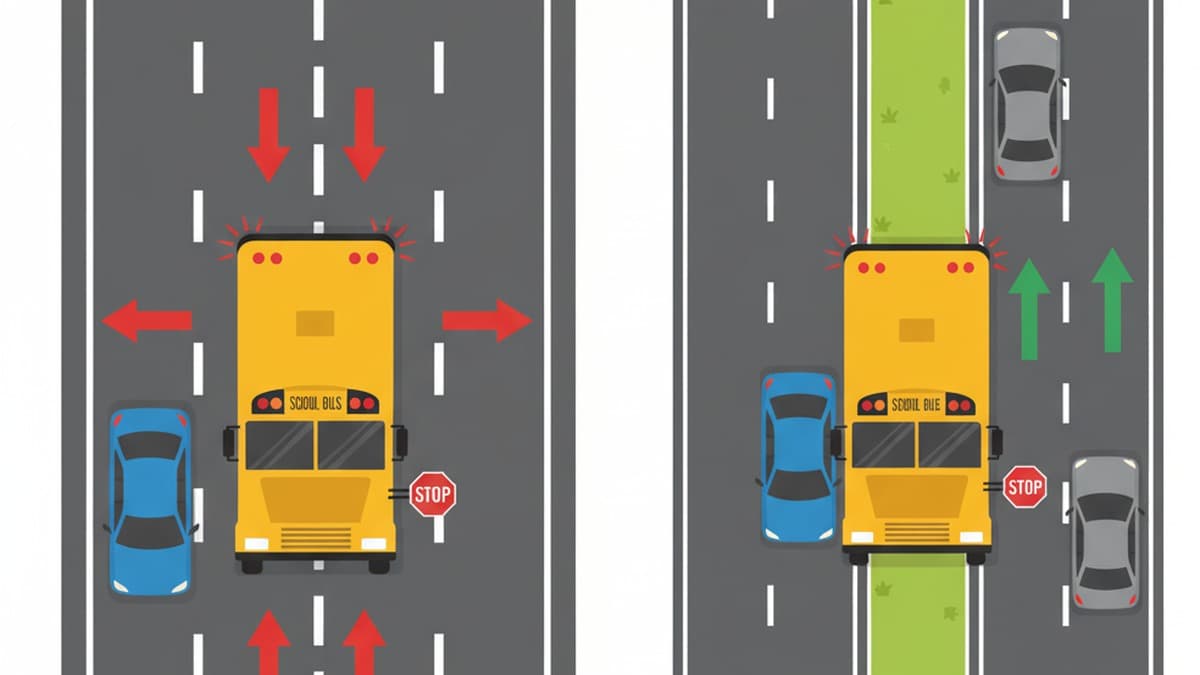 traffic in both directions stopping for a school bus