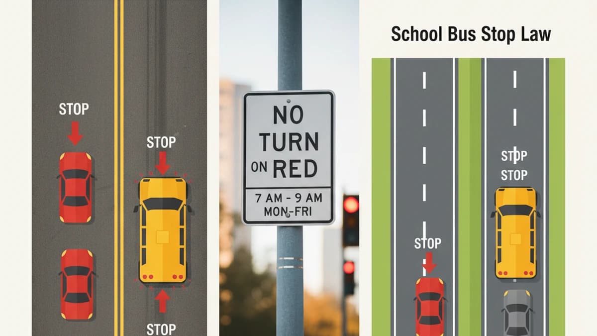 Featured topics: right turn on red, school bus stop laws, double yellow line rules