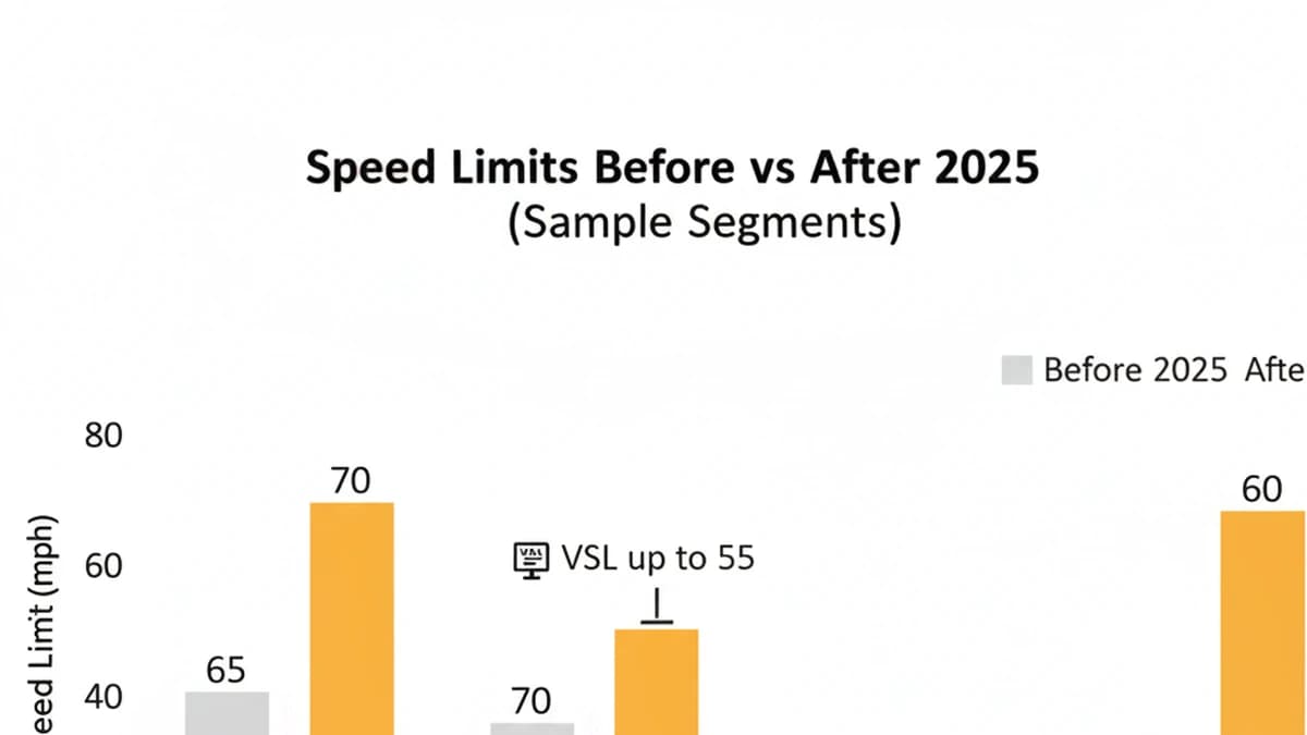 Bar chart comparing sample speed limits before and after 2025 for CA, TX, FL, NY