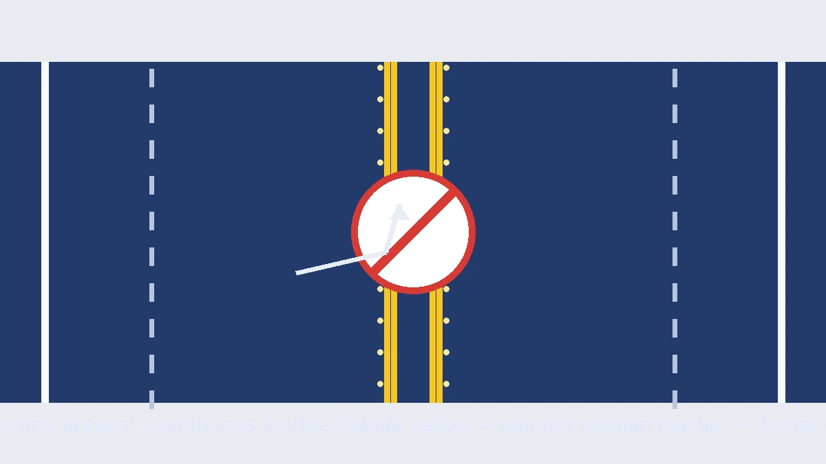 Continuous double-double yellow painted median with no openings — crossing prohibited under California law