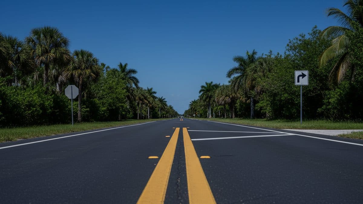 Florida arterial with double yellow and a legal median opening for a left turn