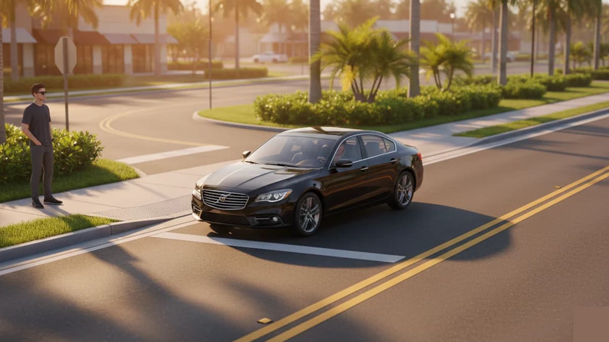Left turn across double yellow into a driveway in Florida with yield to pedestrians