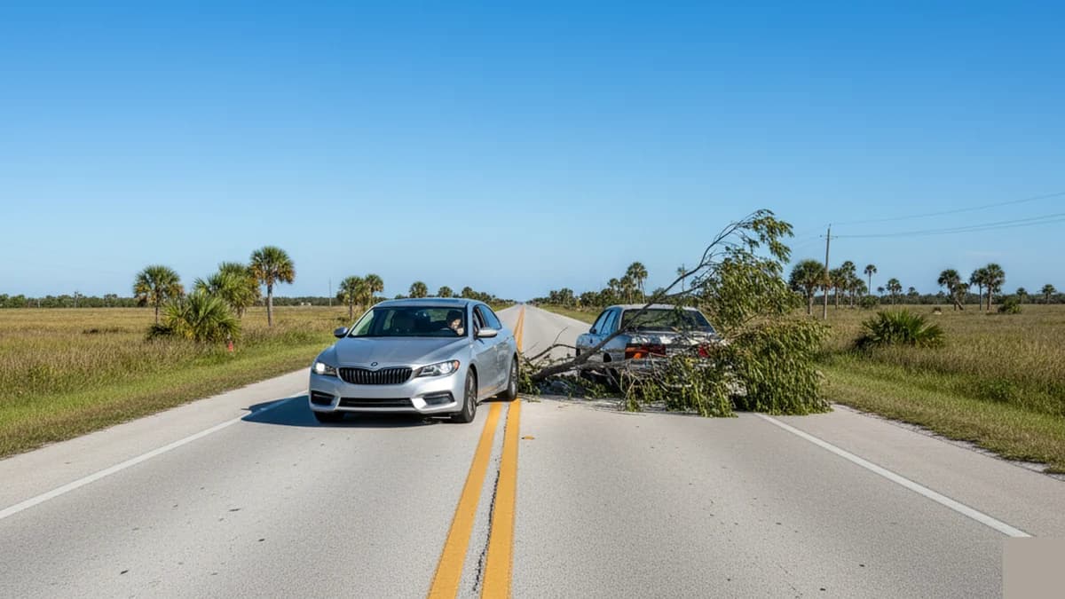 Florida obstruction avoidance across double yellow, no overtaking—minimum lateral shift to pass debris
