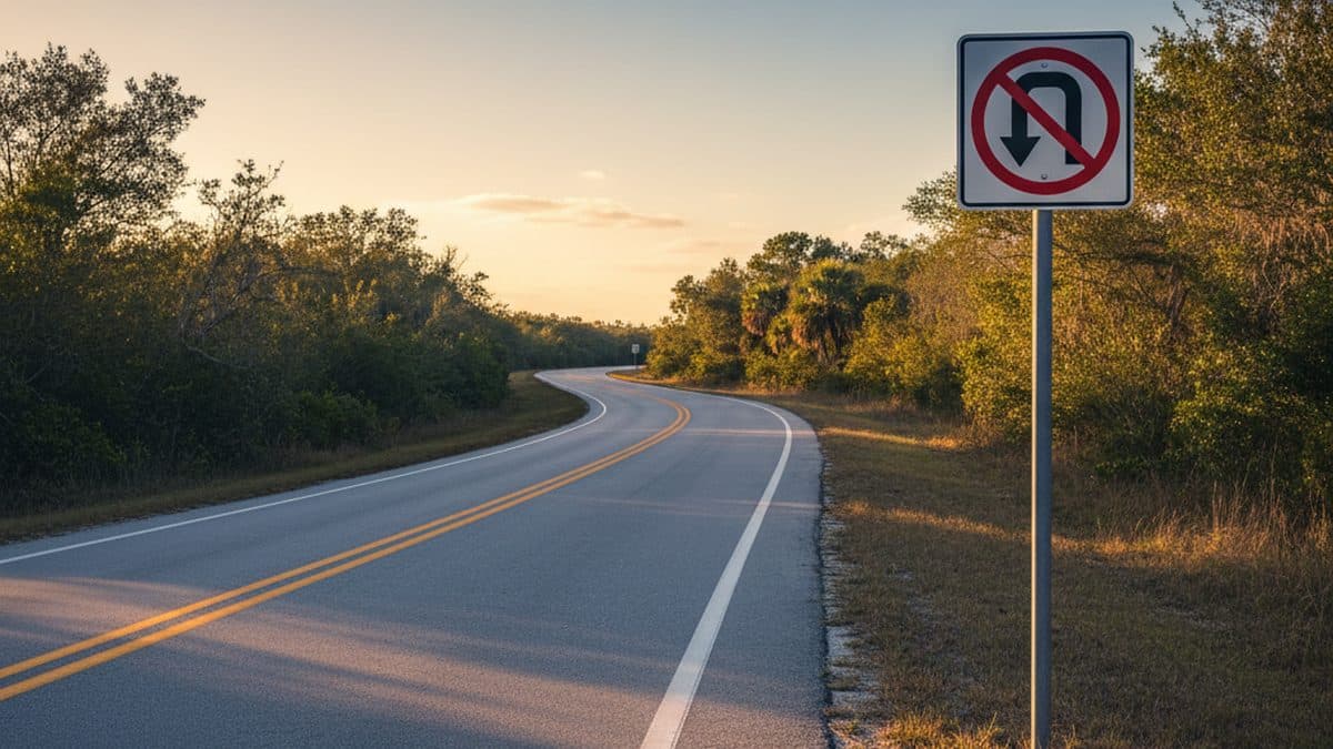 NO U-TURN sign restricting U-turn across double yellow near a Florida corridor