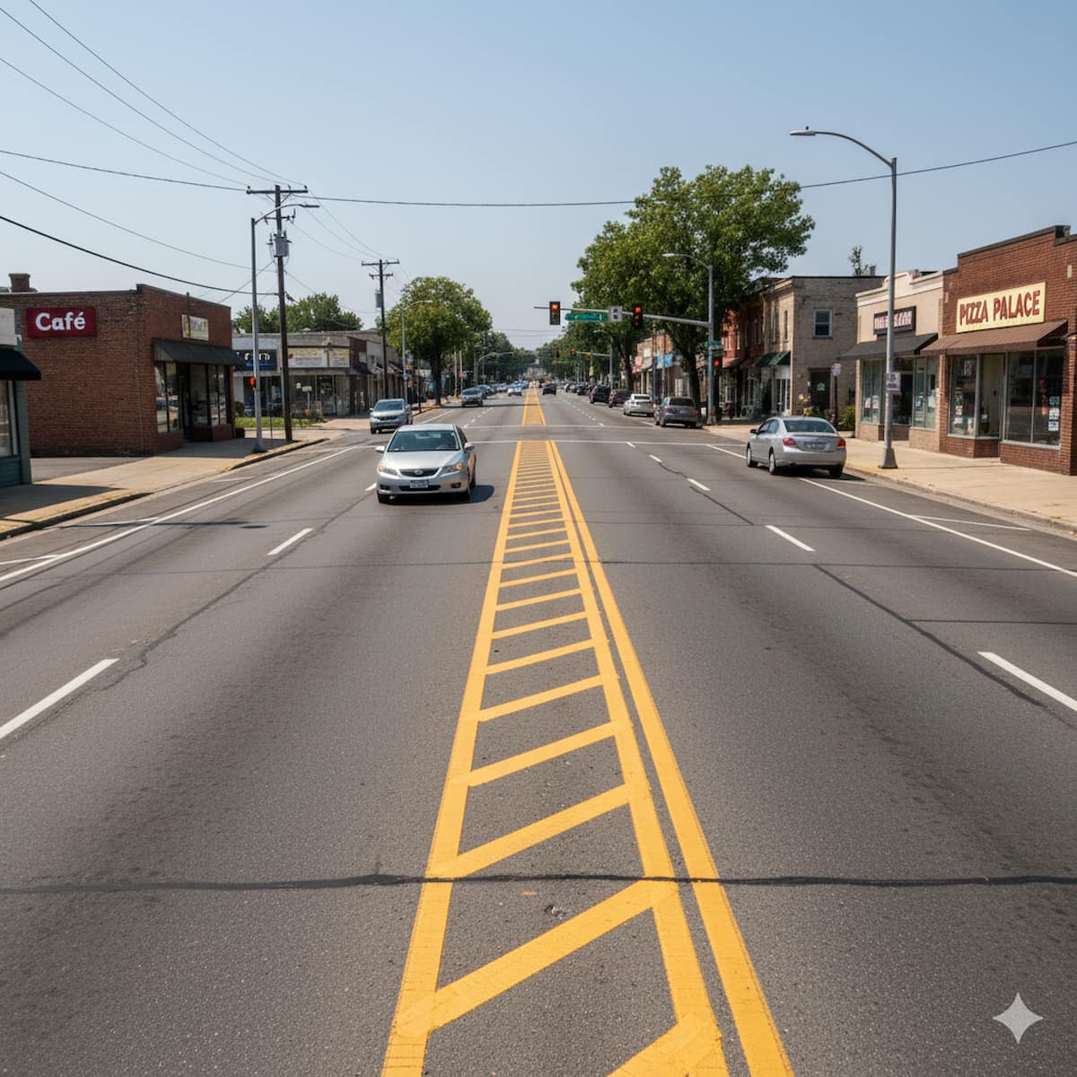 center left-turn lane on a busy commercial street