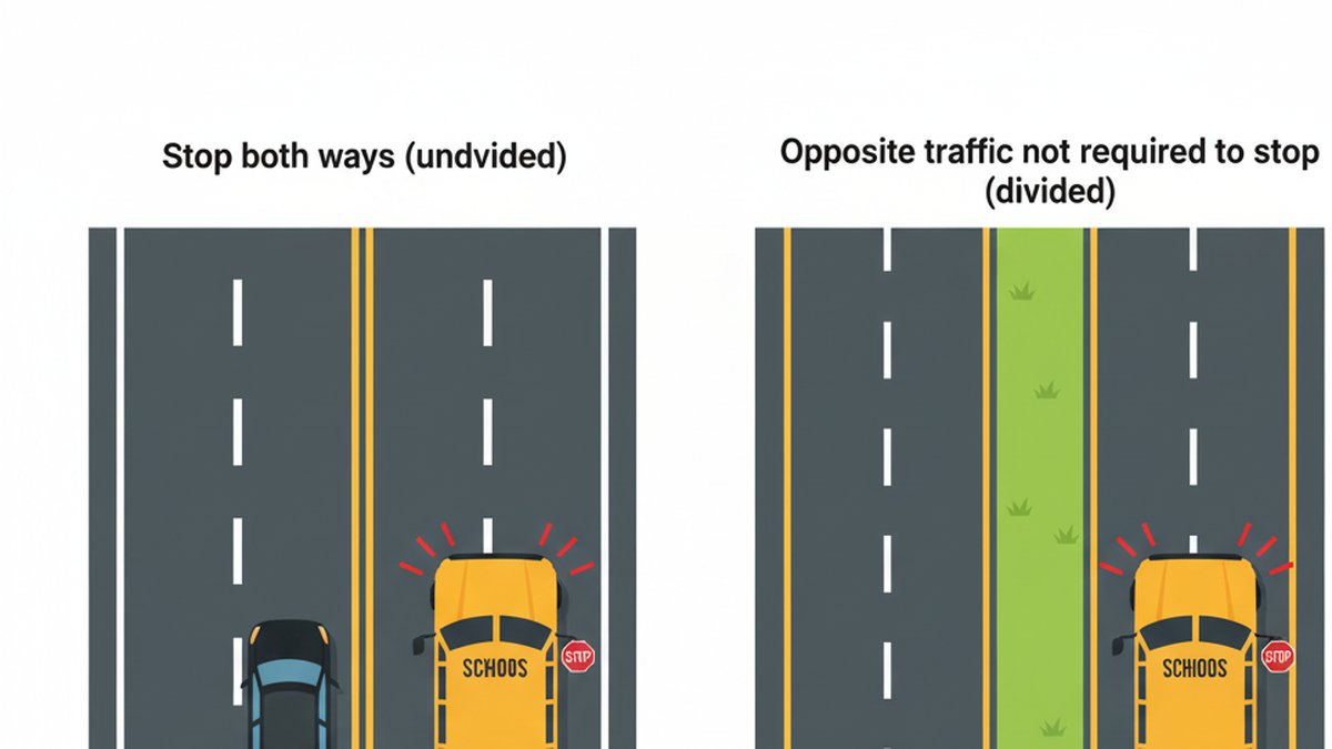 divided highway median exception: stop both ways on undivided roads; opposite traffic not required to stop on divided roads