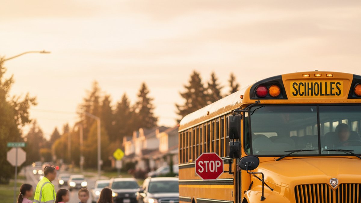 traffic stopping for a school bus with stop arm extended at a suburban crosswalk