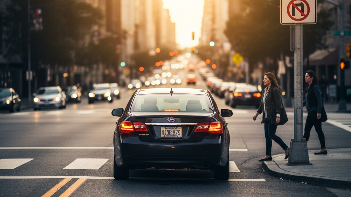 driver fully stopped at red light with NO TURN ON RED sign and crosswalk pedestrians