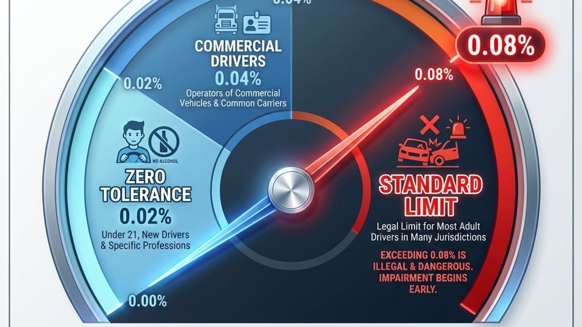Blood alcohol limit chart showing legal BAC thresholds for standard, commercial, and underage drivers across the United States