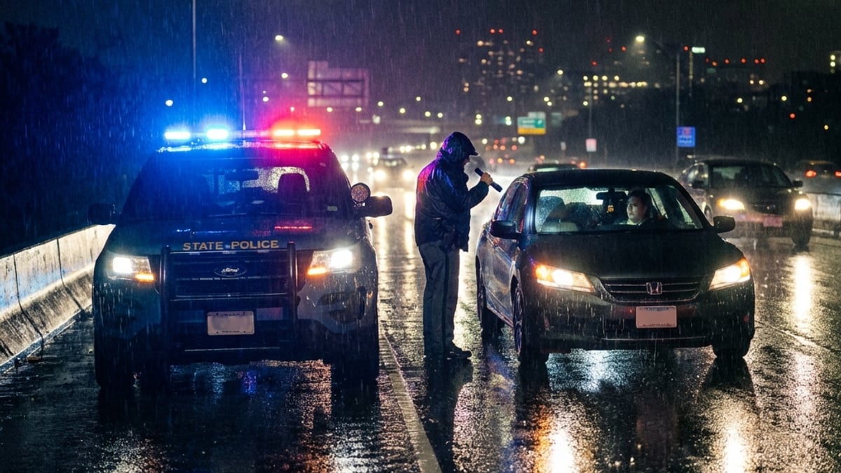 Police officer conducting a DUI traffic stop at night illustrating how DUI laws by state govern drunk driving enforcement