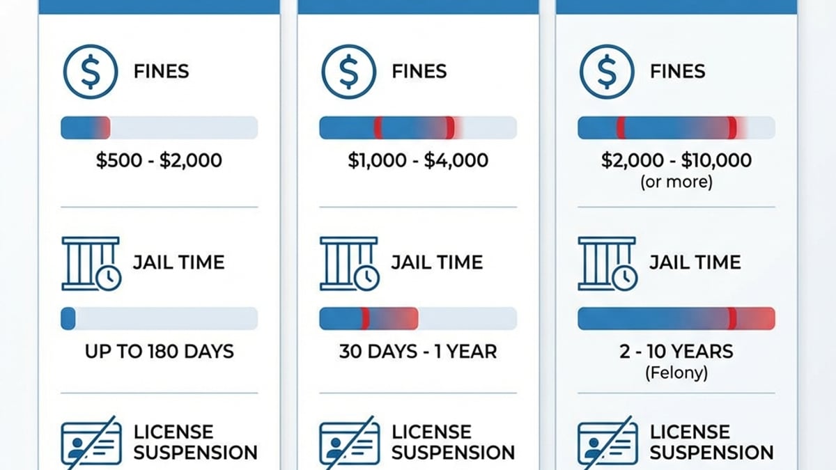 Comparison table of DWI penalties showing fines and jail time for first, second, and third DUI offense
