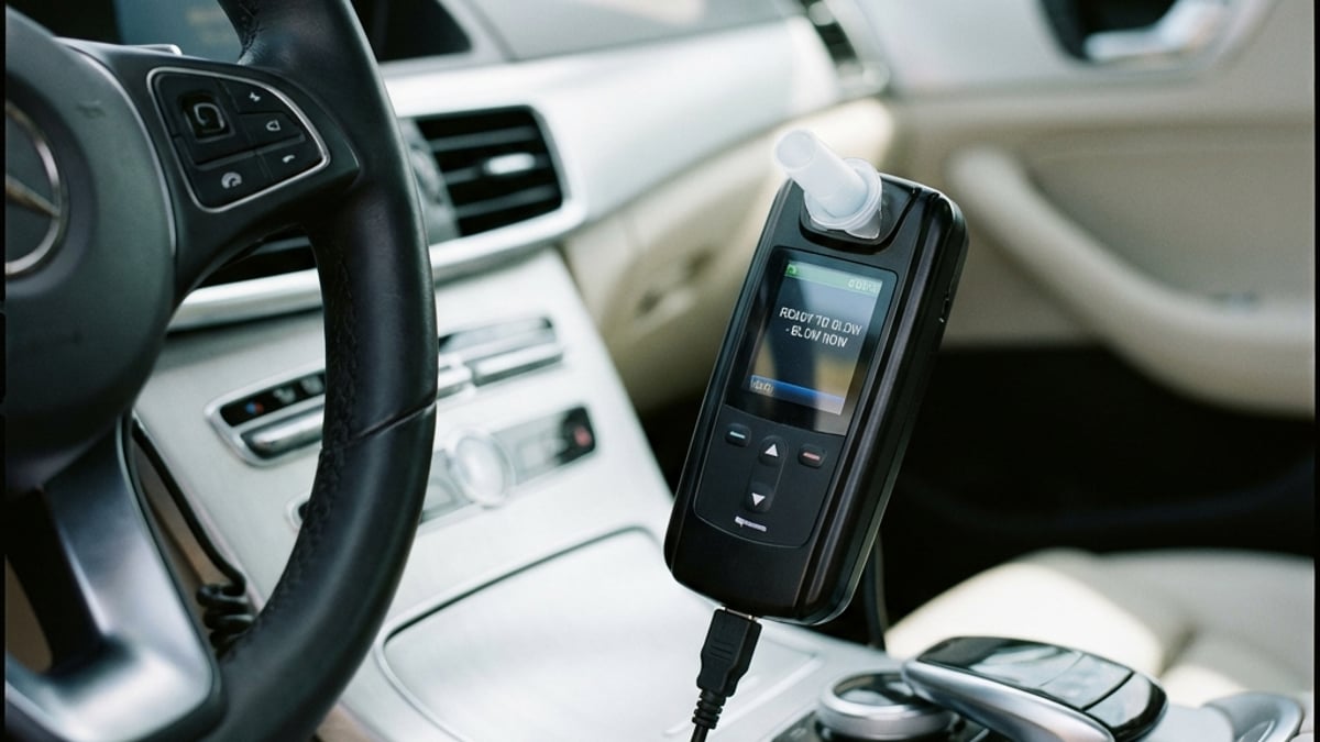 Ignition interlock device installed on vehicle dashboard requiring a breathalyzer test before the engine starts