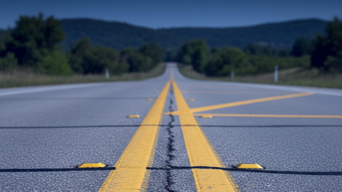 centerline markings overview with double yellow, mixed solid–dashed, and dashed sections on a clear road