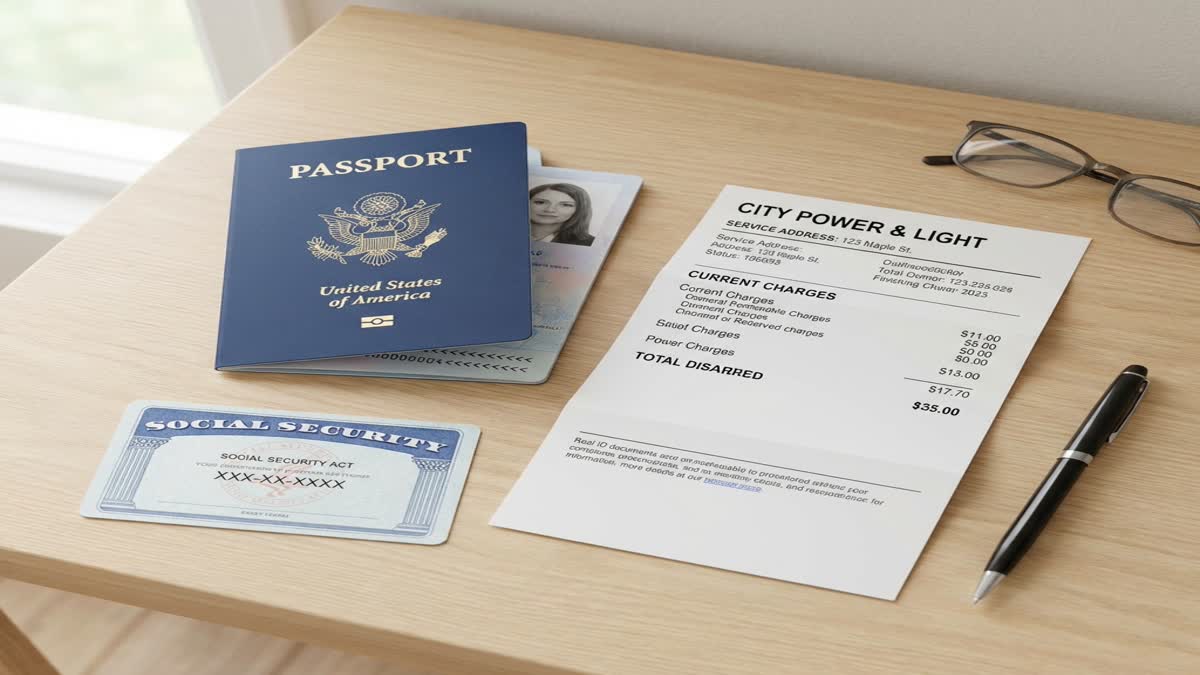 Documents needed for REAL ID requirements including passport, birth certificate, Social Security card, and utility bills