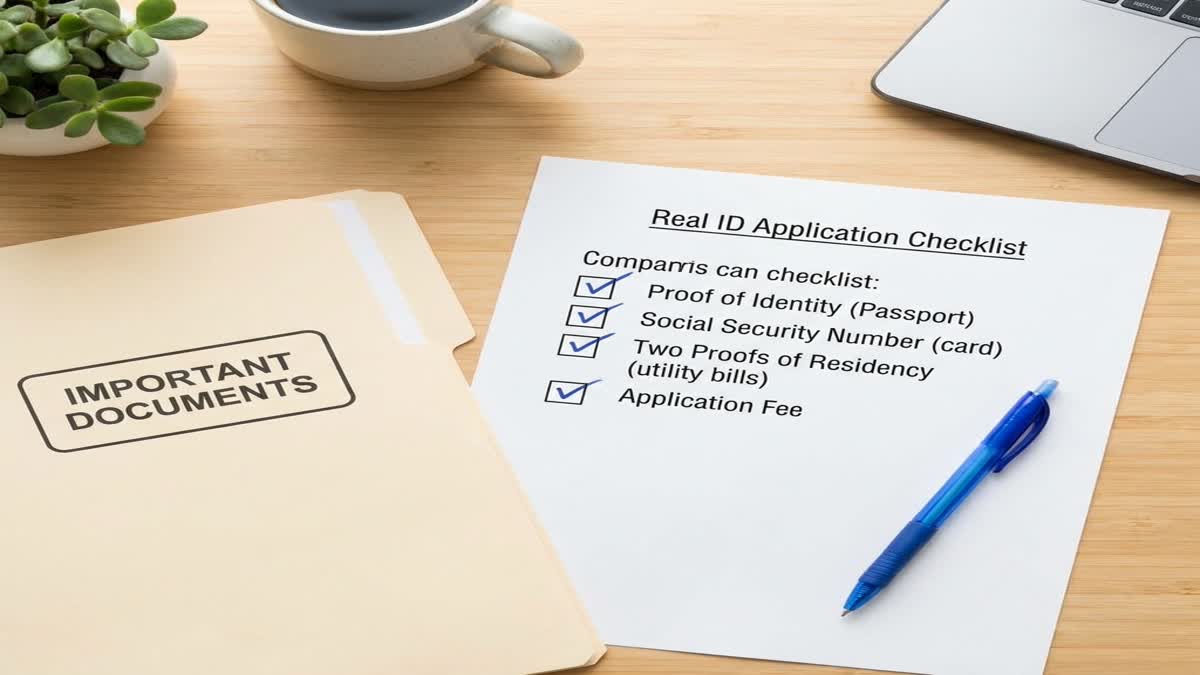 REAL ID documents checklist showing organized documents including passport, birth certificate, Social Security card, and utility bills