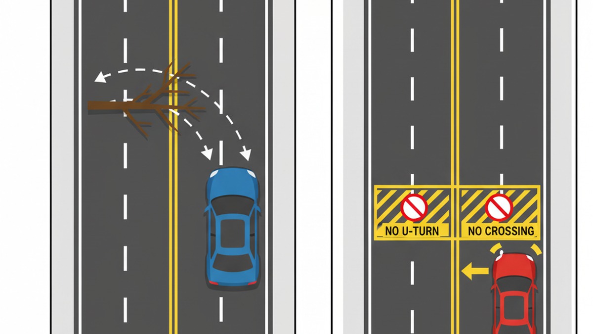Diagram: momentary cross over double yellow to bypass a fallen branch, then return; painted median strictly no crossing
