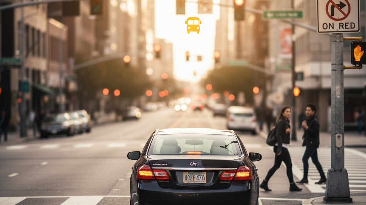 Urban intersection: complete stop at red, NO TURN ON RED sign, marked crosswalk and double-yellow