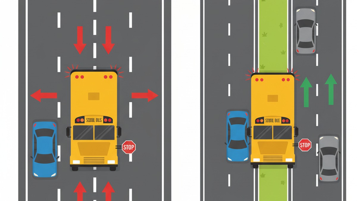 Infographic: stop from both directions on undivided roads; divided highway with raised median—opposite traffic continues