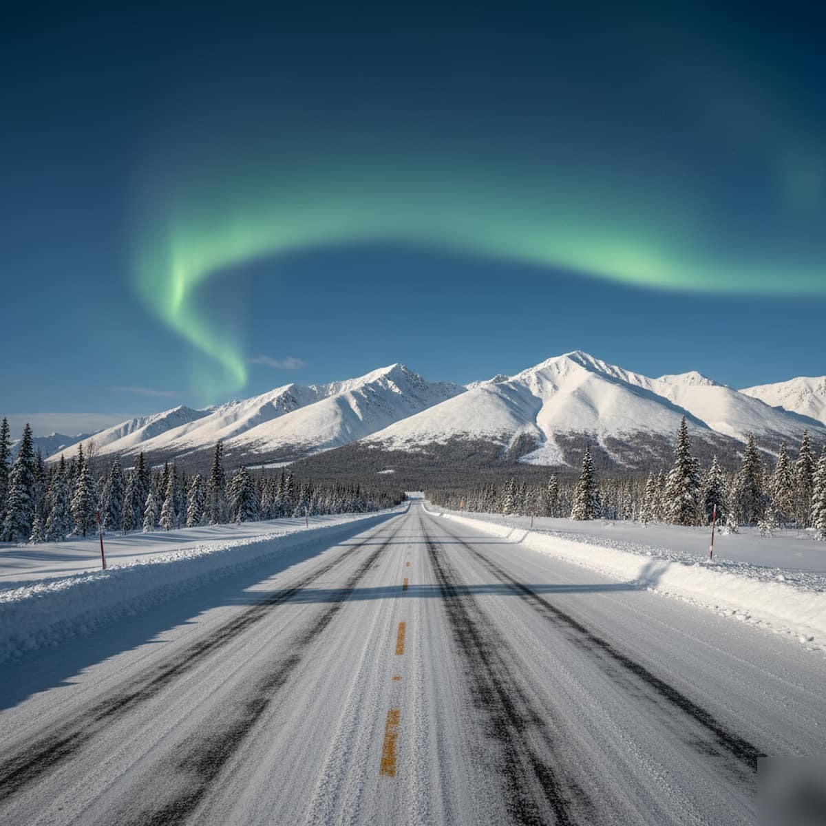 Alaska winter highway with mountains and aurora borealis