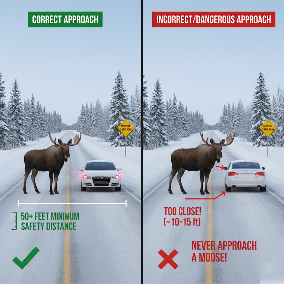Alaska moose crossing highway with warning signs and safe distance markers