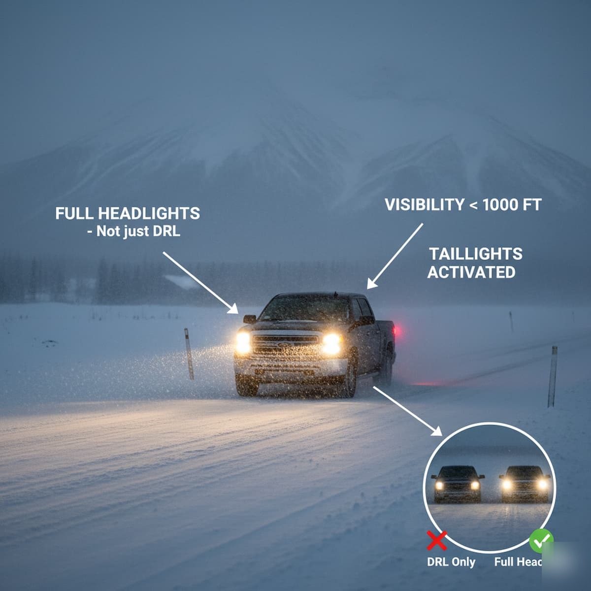 Alaska winter driving with headlights and taillights in low visibility conditions