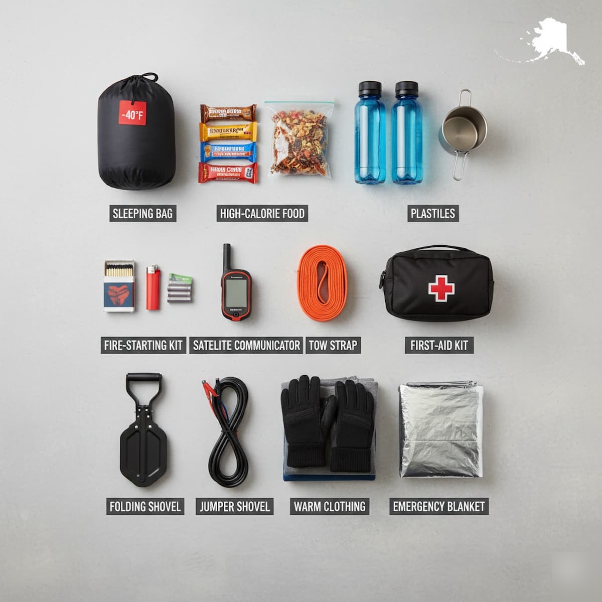 Alaska winter vehicle survival kit with sleeping bag, food, and emergency supplies