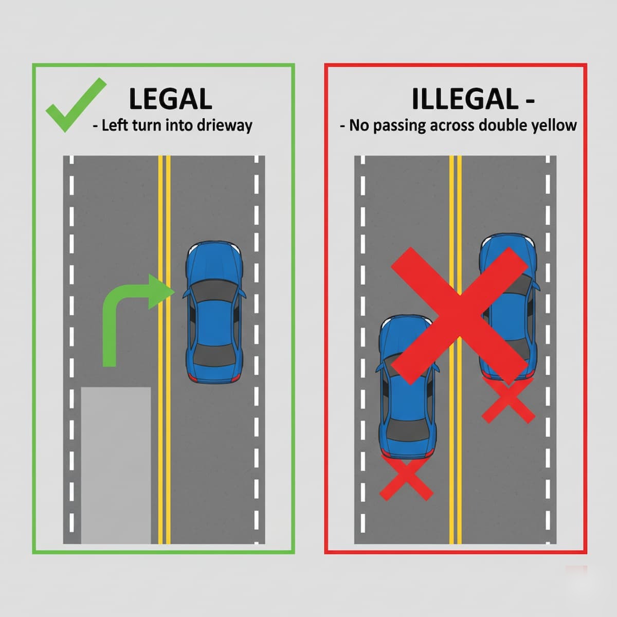 Alabama double yellow line no-passing zone and legal left turn diagram