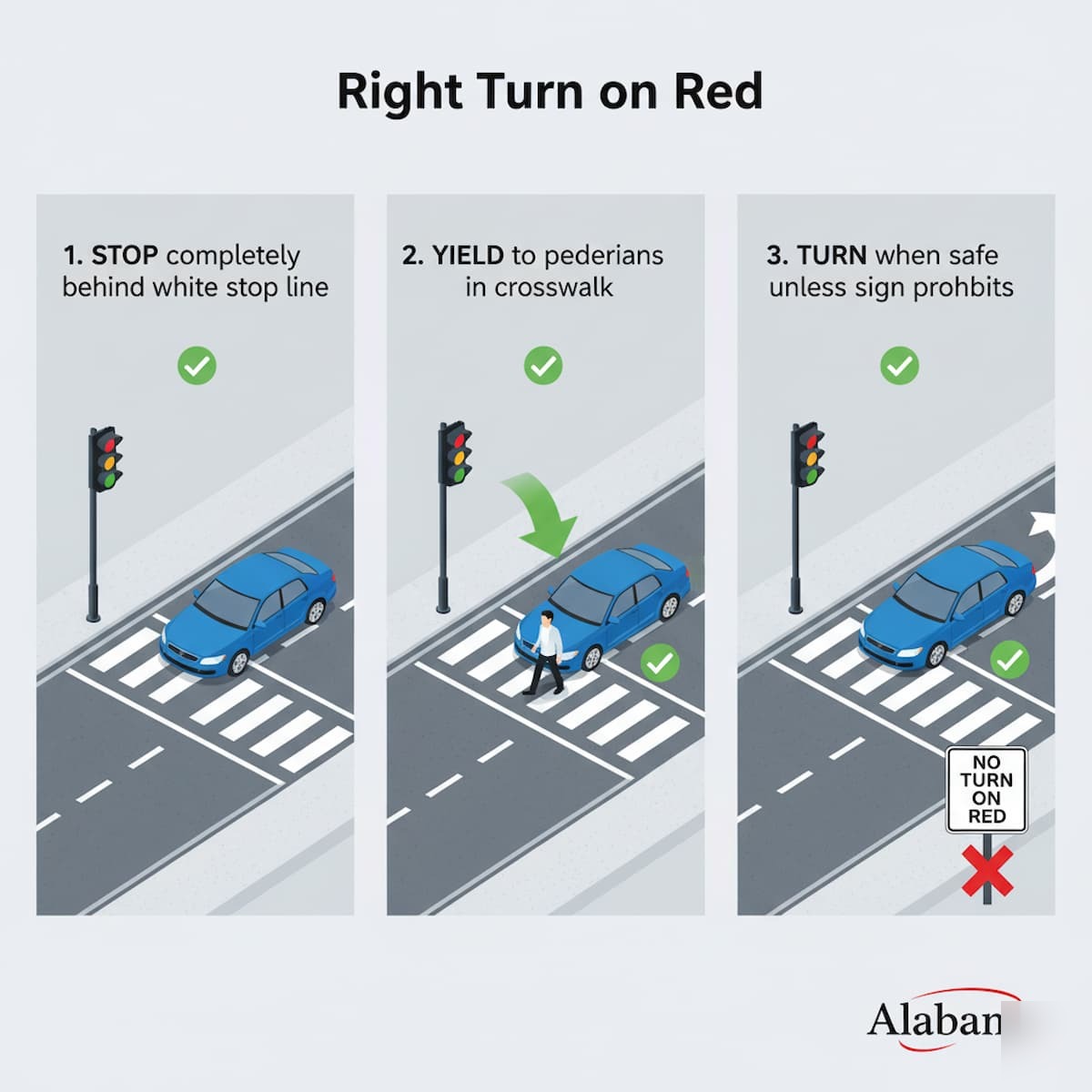 Alabama right turn on red after complete stop yielding to pedestrians