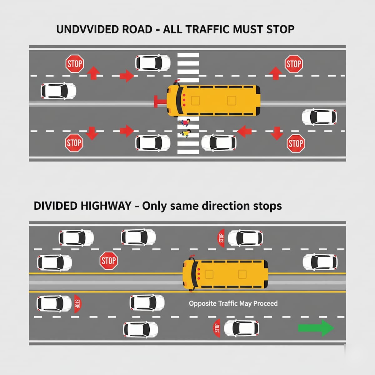 Alabama school bus stop law both directions undivided road vs divided highway
