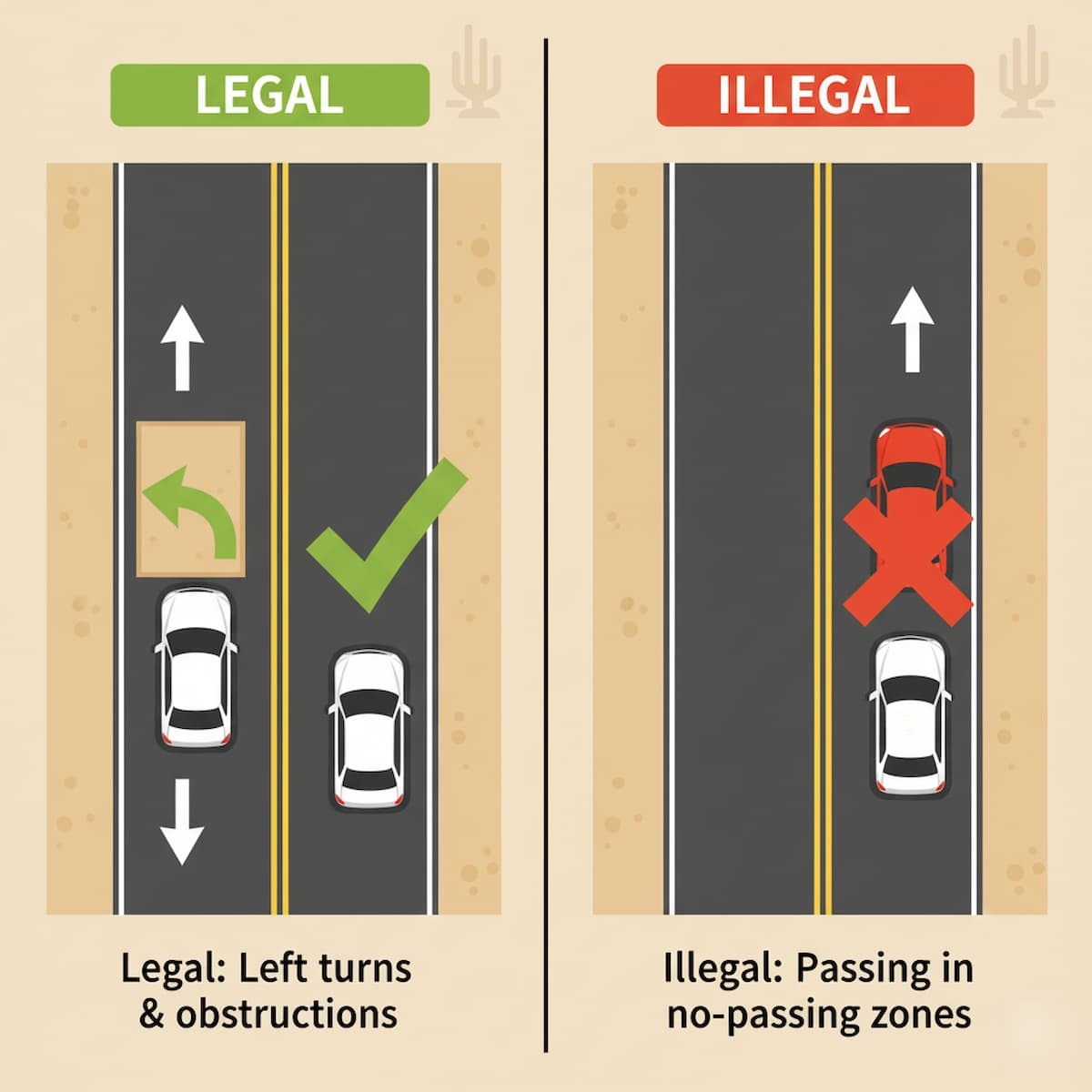Arizona double yellow line scenarios showing legal left turn versus illegal passing