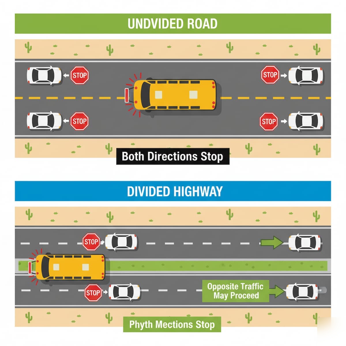 Arizona school bus stopping requirements showing undivided road versus divided highway scenarios