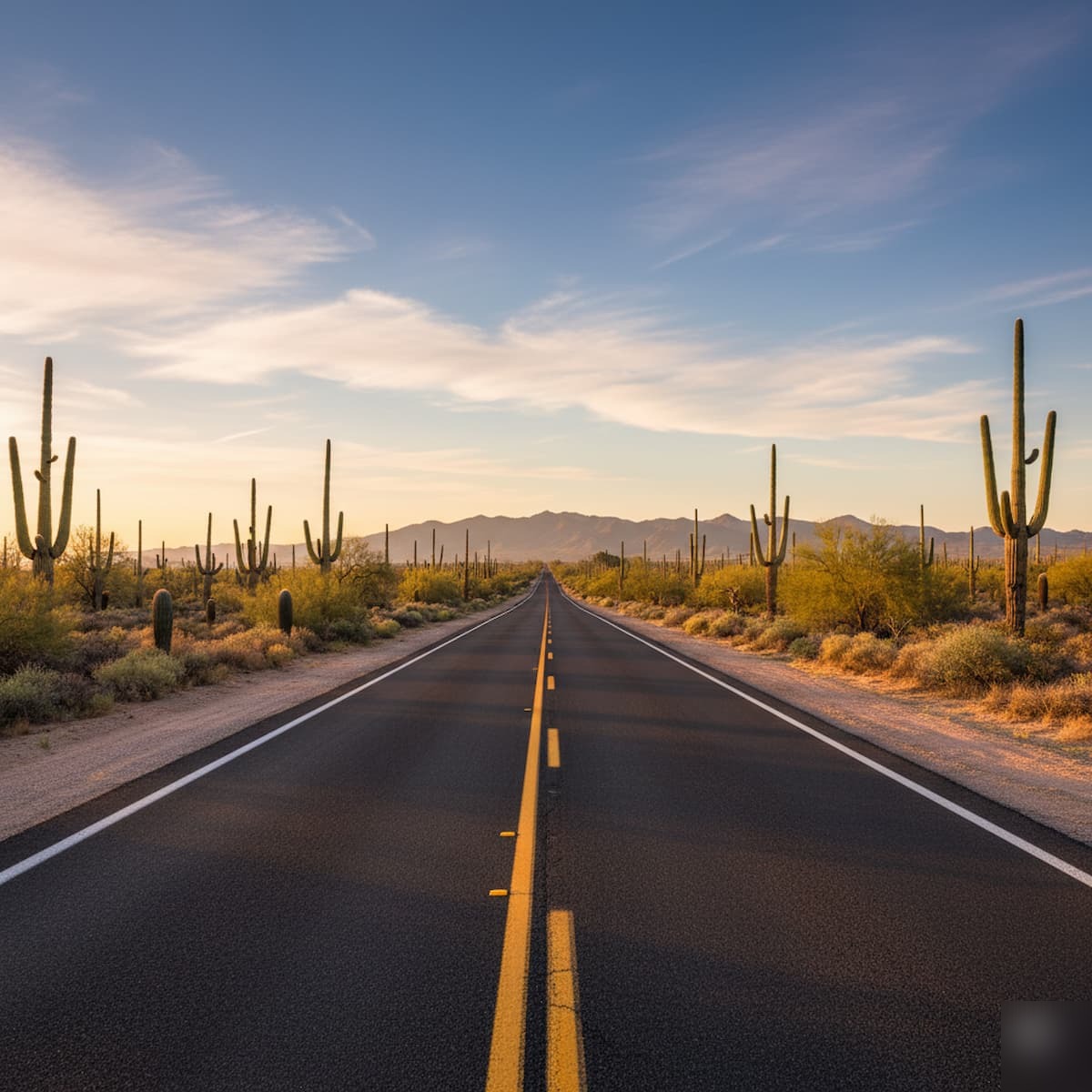 Arizona desert highway with double yellow lines and saguaro cacti