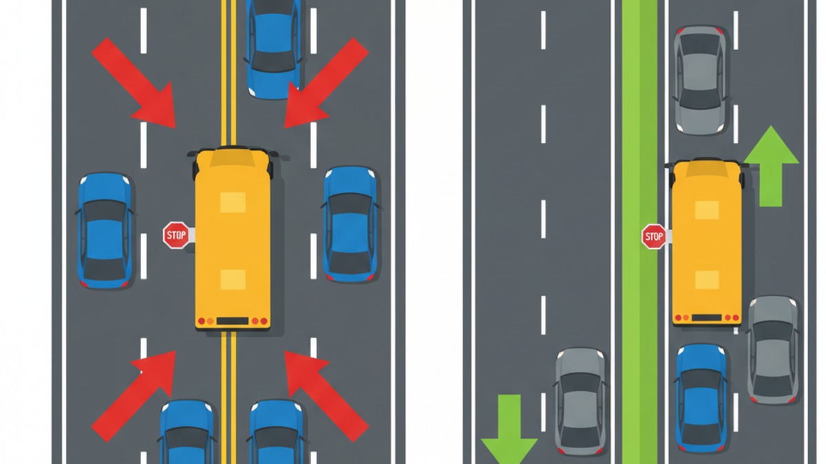 School bus stop both directions vs divided highway exception diagram