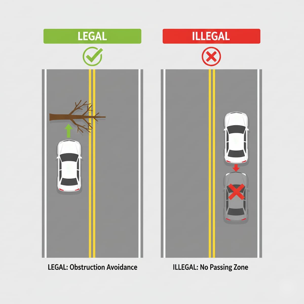 Connecticut double yellow line rules showing legal obstruction avoidance versus illegal passing