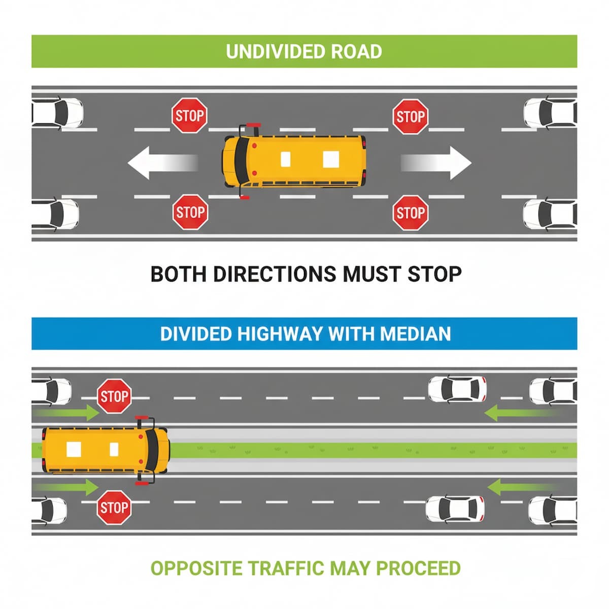 Connecticut school bus stop law diagram showing when traffic must stop in both directions