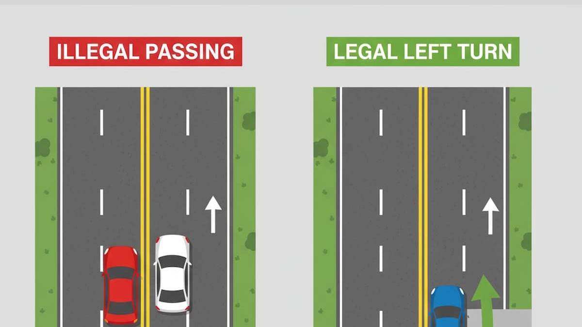 Delaware double yellow line no-passing zone and legal left turn into driveway diagram