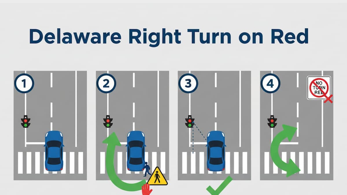 Delaware right turn on red after complete stop yielding to pedestrians and traffic