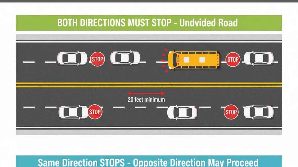 Delaware school bus stop law showing both directions must stop on undivided roads