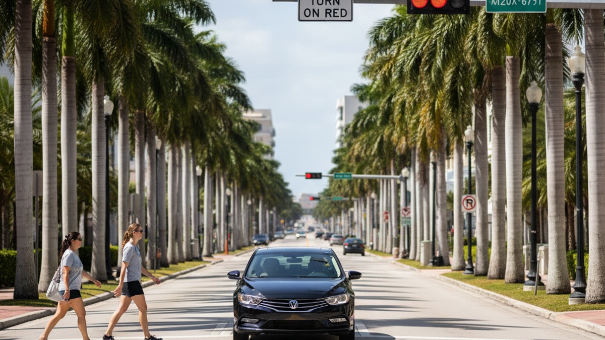 Florida right turn on red with pedestrians and double-yellow centerline