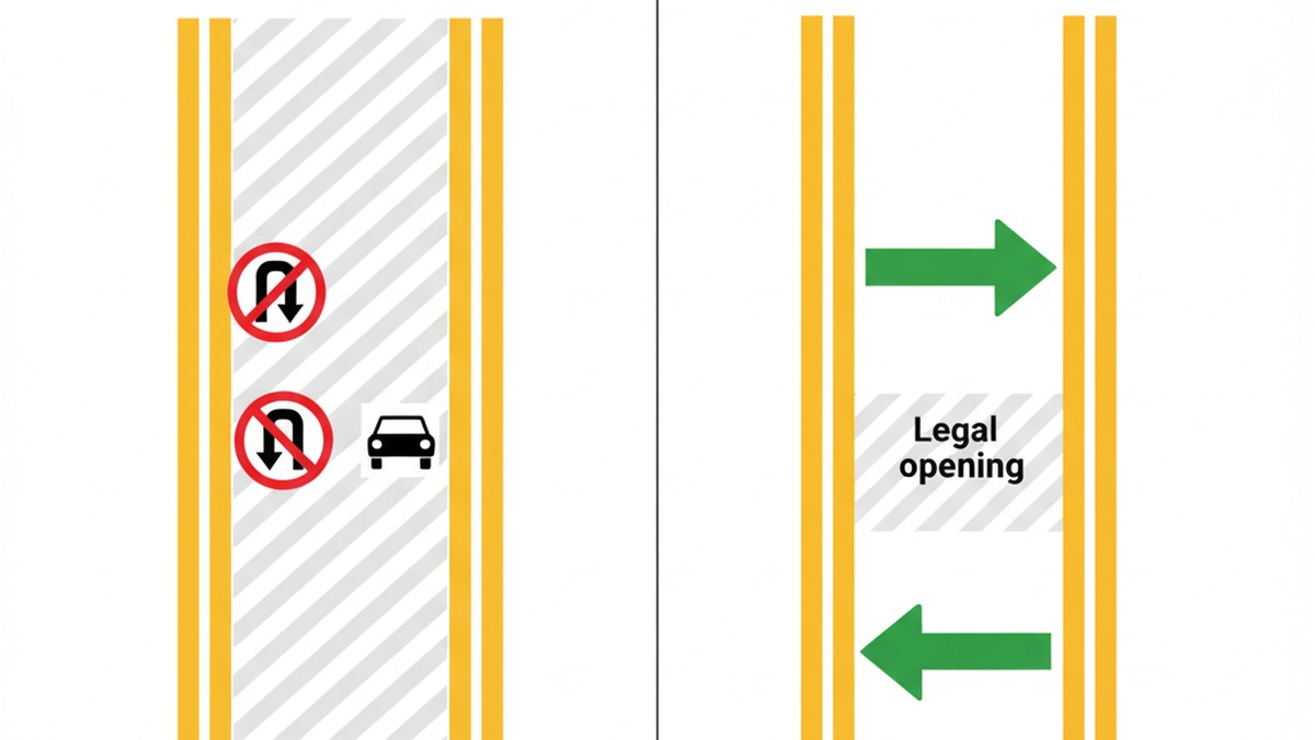 Painted median in Florida with no crossing versus a marked legal opening for left turns