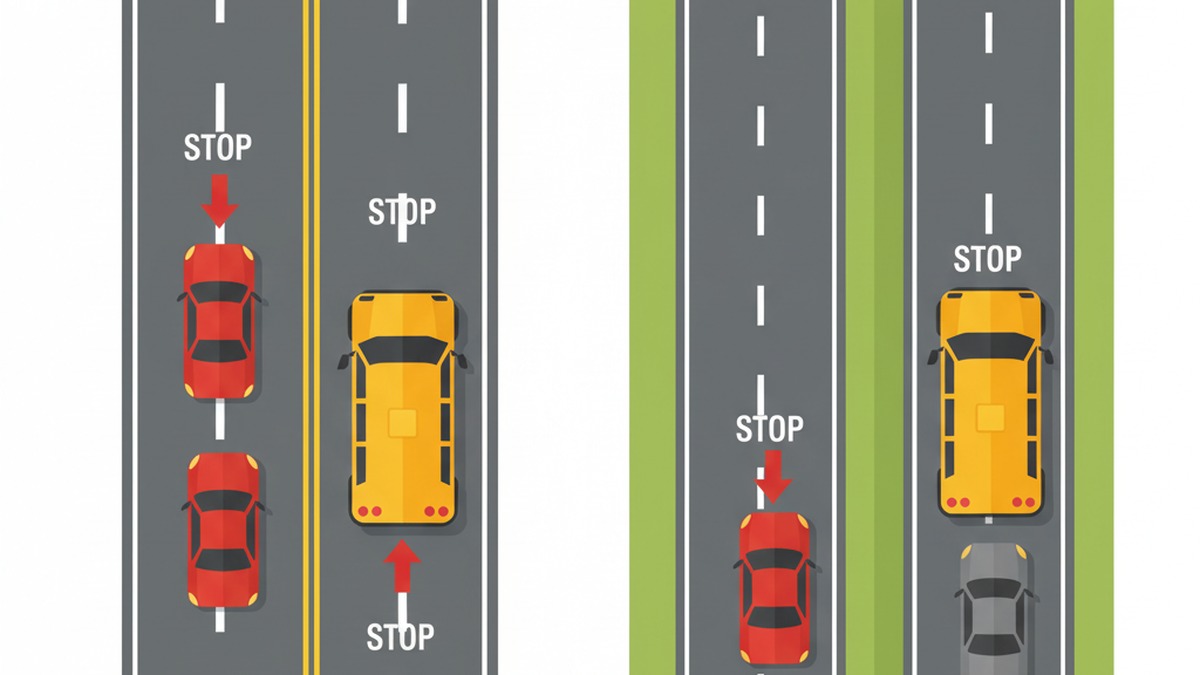 Florida school bus stop law—both ways stop on undivided roads, divided highway opposite traffic proceeds