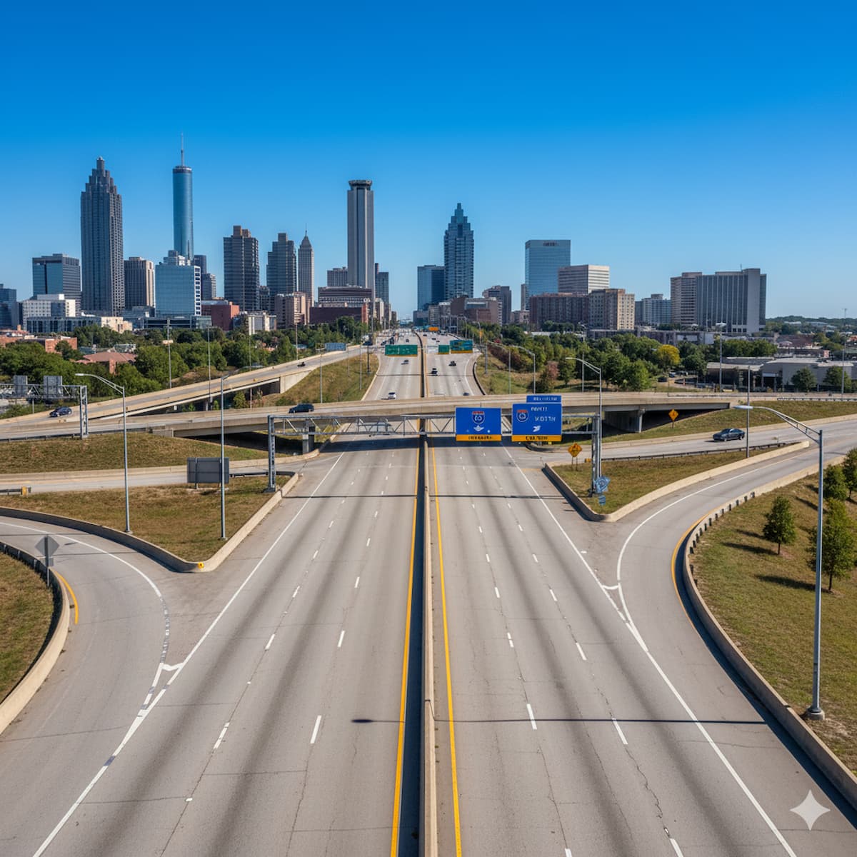 Georgia highway with Atlanta skyline showing I-75 and I-85 interchange with traffic