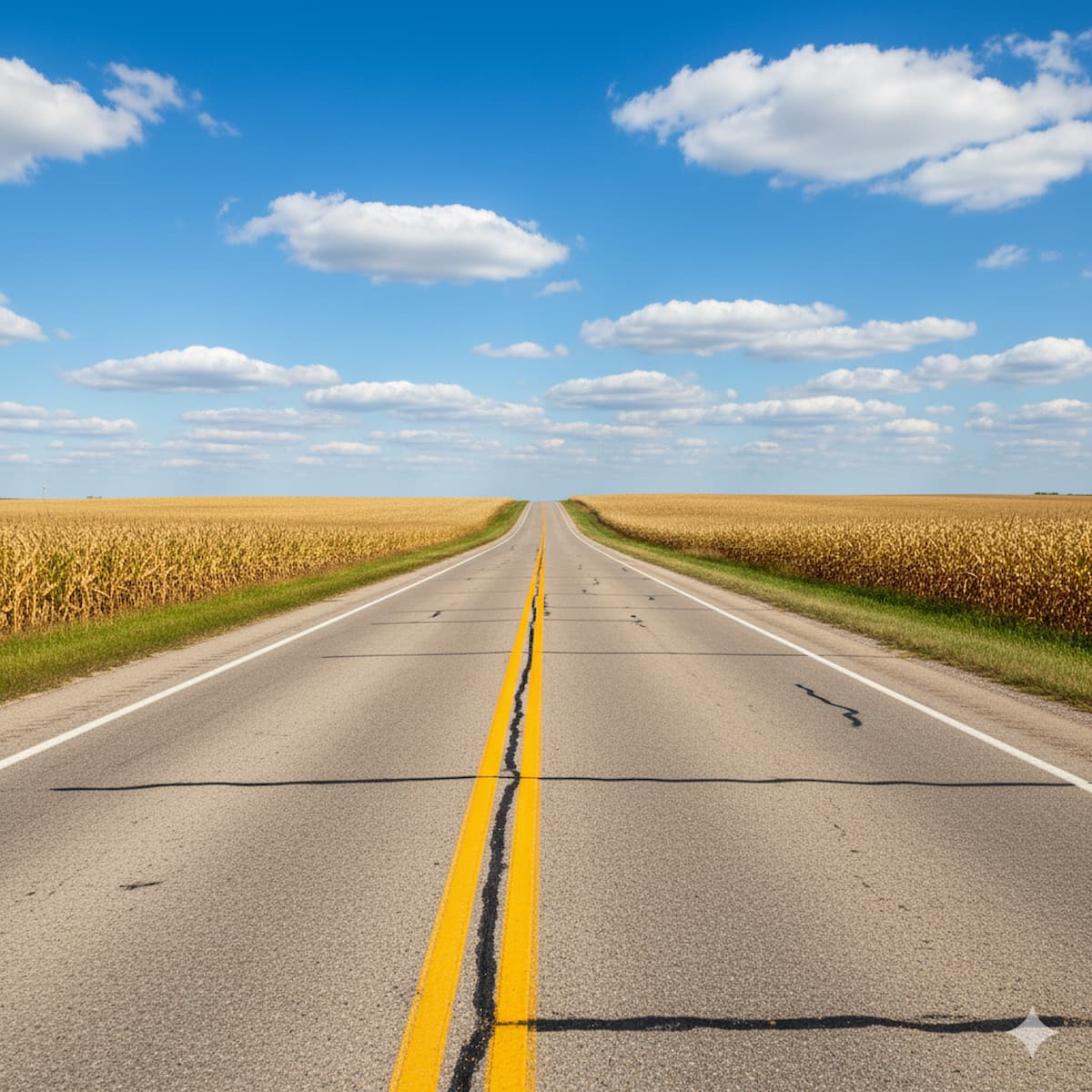 Iowa rural highway with double yellow centerlines and corn fields