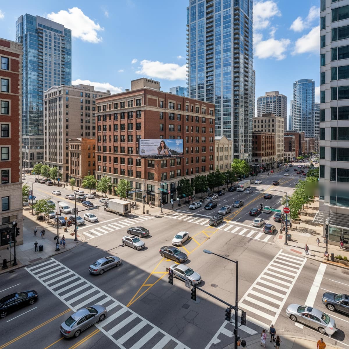 Illinois urban intersection with traffic signals and road markings
