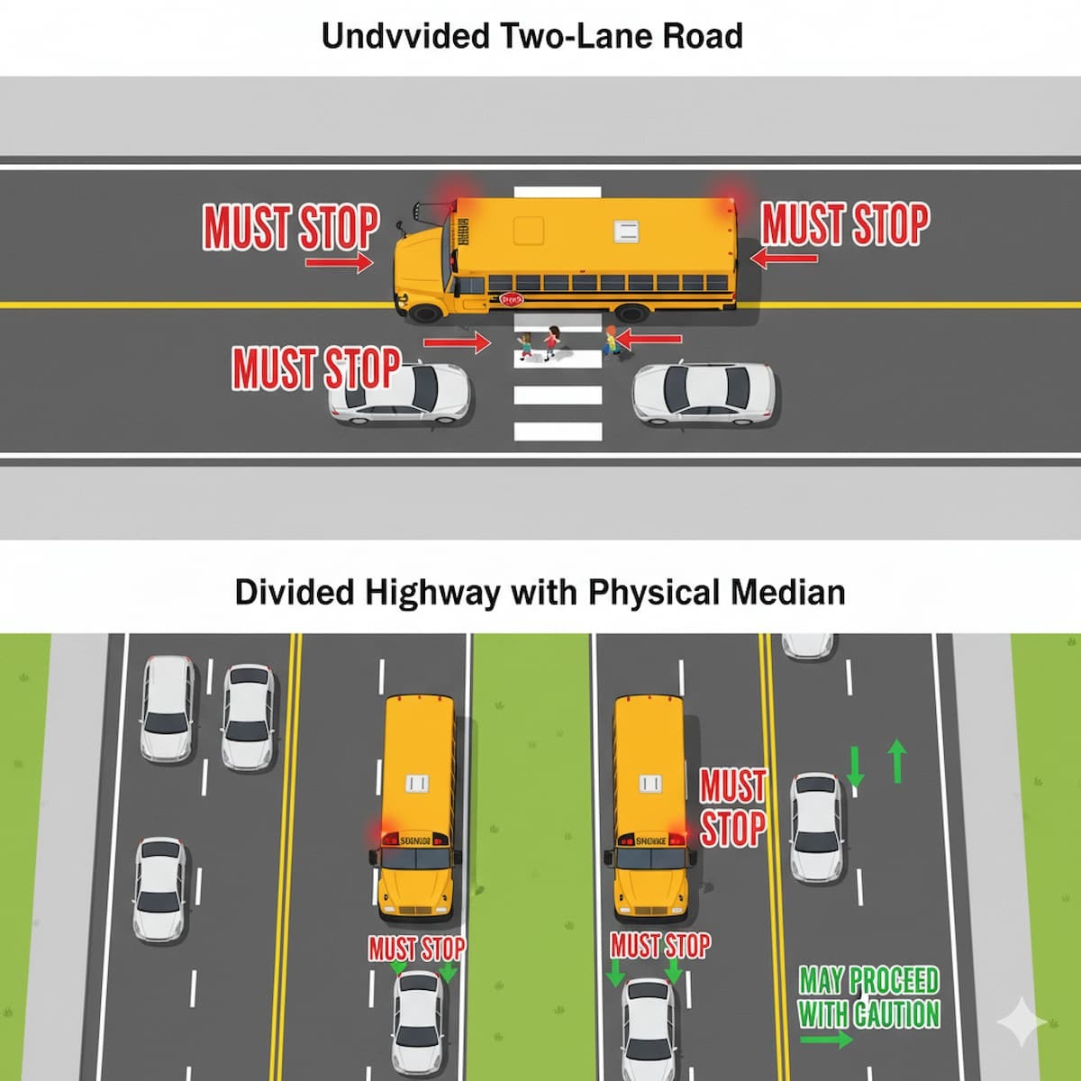 Illinois school bus stop law undivided vs divided highway diagram