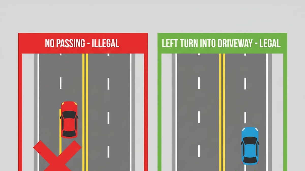 Indiana double yellow line no-passing zone and legal left turn diagram